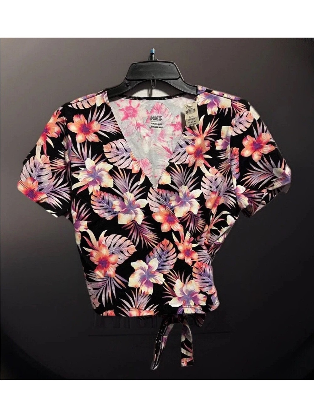 Boho Sexy Hawaiian Floral Wrap Crop Top Shirt Women Sz XL PINK